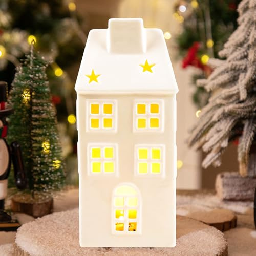 Nexoria Weihnachtsdeko Keramik Lichthäuser, Weihnachtsdorf mit Beleuchtet LED Lichthaus Weisse Porzellan Lichterhaus Weiß Weihnachten Deko Windlicht Haus Weihnachtshäuser für Weihnachtsdeko Innen (C)