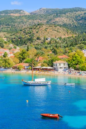 Acryl-Bild 30 x 50 cm: Bunte Häuser des Dorfes Assos und Boote auf dem Meer, Insel Kefalonia, Griechenland (92763974)