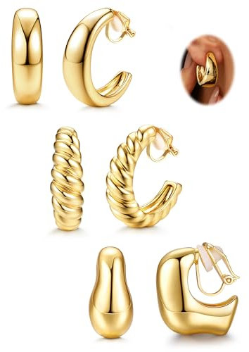 FIOROYAL 3 Paar Gold Ohrclips Damen Ohne Ohrlöcher Gold Clip Ohrringe Damen 14K Vergoldet Gold Chunky Röhre Croissant Wassertropfen Fake Ohrringe Ohne Ohrloch Creolen Set GT