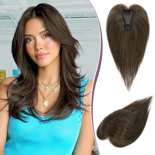 RUWISS Haar Toppers für Frauen Echthaar Topper Leichtes Braun Clip in Haarteil für Dünner Haar Oberkopf Flauschiger Glatter Hair Topper ohne Pony