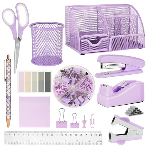 OFFCUP Ensemble de Fournitures de Bureau, Kit de Fournitures de Bureau avec Boîte de Rangement, Agrafeuse et Distributeur de Ruban Adhésif pour Filles, Règle, Ciseaux, Agrafes, Clips, Ciseaux