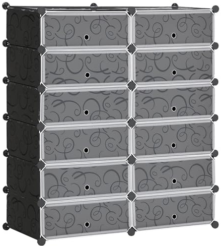 HOMCOM Schuhschrank 12 Fächer DIY Regalsystem Schwarz 49 x 37 x 108 cm | Modulares DIY Steckregal, Für 12 Paar Schuhe, Schuhaufbewahrung Für Flur