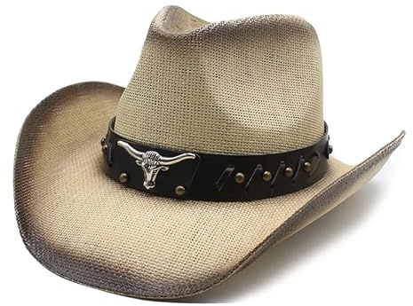 Jellecutte Cowboy Hut Herren Strohhut Sonnenhut Damen Frauen Cowgirl Hut Mit formbarer breiter Krempe -beige&Brown