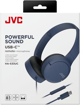 JVC HA-S33UC-A – Cuffie on-ear cablate USB-C con padiglioni morbidi, design pieghevole piatto, slide switch, telecomando 3 tasti e cavo anti-groviglio; ottime per chiamate – Blu