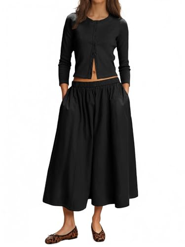 Tankaneo Ensemble 2 pièces avec jupe et cardigan en tricot à manches 3/4 et taille élastique pour femme