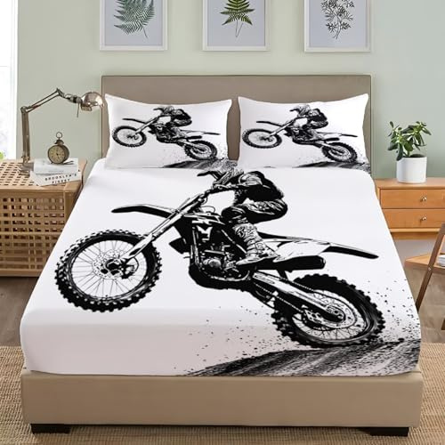 Sábana Bajera 90x190 cm Ajustable Bolsillo Profundo 30 cm Motociclista Deportivo Conjunto de Ropa de Cama Blanco 3 Piezas Microfibra cepillada Suave Sábana Ajustable