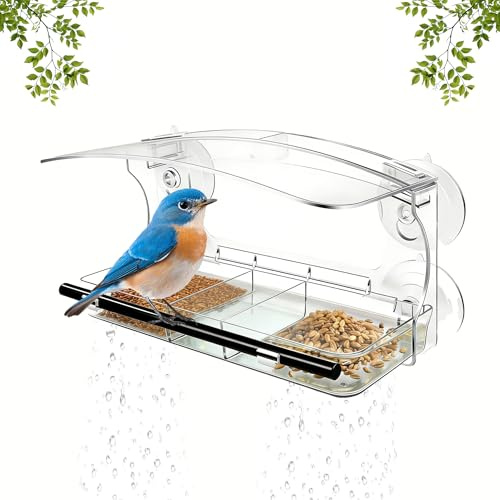 Vogelfutterspender Fenster Vogelfutterhaus,Transparent Acryl Vogelfutterstation mit Saugnäpfen,3 Fächer Vogelhaus Fensterscheibe,Vogelhaus Fenster mit Ablauflöcher,Futterhaus für Vögel,Balkon