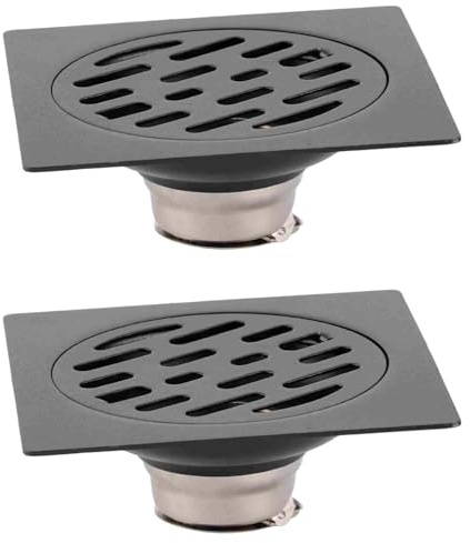 Hapivida Scarico a pavimento in acciaio inox 3,89 pollici nero quadrato doccia pavimento spesso robusto filtro di scarico anti-blocco quattro pavimenti scarico a pavimento (2 pezzi)