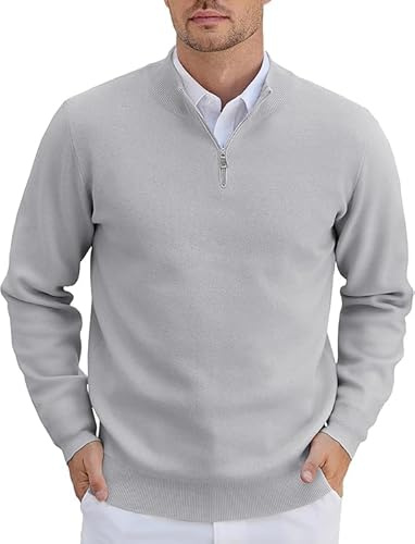 COOFANDY Uomo Maglione 1/4 Zip Dolcevita Maglione Lavorato a Maglia Pullover Invernale Manica Lunga Zip Pullover Dolcevita Pulli da Lavoro per Gli Uomini Grigio Chiaro L