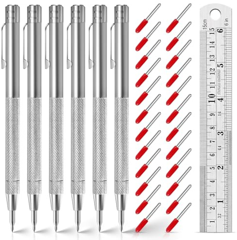 6 Pack Tungsten Carbide Scriber Tools Set - 6 Engraving Pens with 24 Replacement Tips & 6-Inch Steel Ruler, Magnetic Metal Marking Tools for Glass, Steel, Ceramics, Wood, Leather, Welding & Crafting
