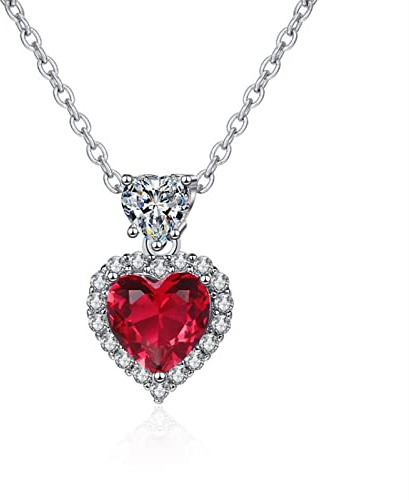 Mesnt Rubin Halskette, Damen Halskette Collier aus 9 Karat Weißgold Herzanhänger mit rotem, im Labor hergestelltem Rubin und Moissanit