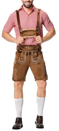 Juego de traje tradicional para hombre, 2 piezas, Oktoberfest, pantalones de piel y camisa a cuadros, monos festivos para cosplay, fiestas, carnaval, pantalones de trabajo, pantalones largos de peto