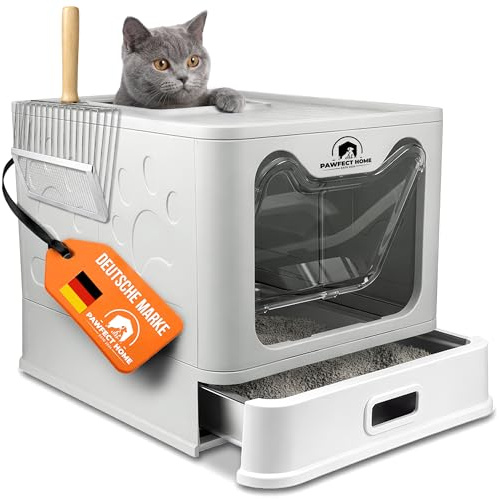 Katzenklo XXL mit Edelstahl-Wanne – Geruchsneutral & Antibakteriell – Geschlossene Katzentoilette inkl. EdelstahlStreuschaufel – Maximale Hygiene durch Rostfreien 304 Edelstahl – 50x40x39cm (Grau)