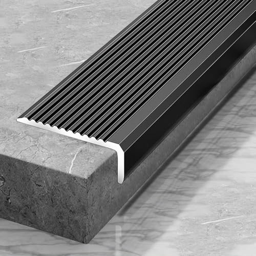 Vibeo Anti Slip Stair Nosing Trim L Shaped, Metal Outdoor Stair Edge Protector Waterproof, Steps Transition Strip for Wood, Tile, Laminate Floor(Black)