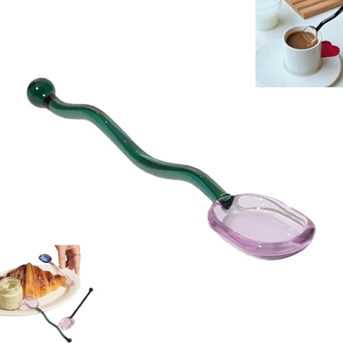 Glass Wavy Spoon, Spoons Creative Colorful Stirring Spoons Coffee Spoon Cute Spiral Style Spoons, Coffee Milk Curved Handle Stirring Teaspoon for Home Bar Party (Purple-Green)