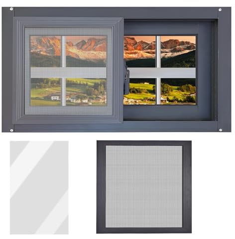 Aluminium-Kellerfenster Schiebefenster mit Fliegengitter, Sicherheitsgeländer und Klarglas für Schuppen Spielhaus Keller Haushalt(40X60CM/15.7X23.6IN)