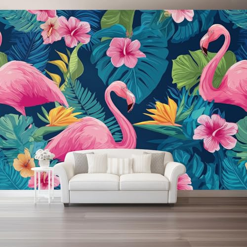 Papier Peint Panoramique 150 x 105 cm（WxH), Tropical Fleurs Flamants Roses Feuilles Bananier Papier Peint Intissé Fond pour Chambre Salon Restaurant Mur TV - Bleu Foncé Mur TV Artistique Poster
