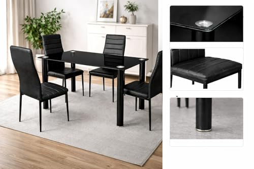 Genérico Mesa de Comedor con 4 Sillas, Cristal Templado y Tapizado Negro, Juego de Comedor Moderno de 5 Piezas
