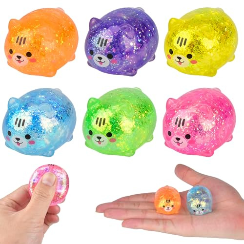Squishy Stressball, 6 Stück Antistressball Fidget Toys für Erwachsene, Glitter Kitties Squishies Anti Stress Spielzeug, Quetschball für ADHS Stressabbau Büro