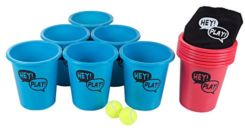 HEY! PLAY! Giant Yard Pong Outdoor Game Set with 12 Buckets, 2 Balls, and Carrying Tote - Outdoor Lawn Games and Activities for Family (Blue and Red)