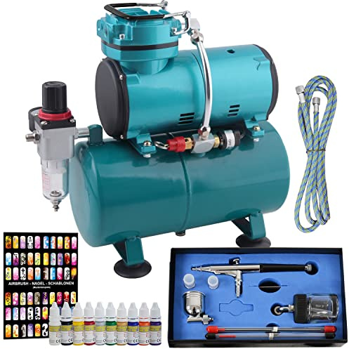 AMUR Profi-Airbrush Kompressor Set Universal II, 10er Set Nail Airbrushfarben, Design-Schablonen, Universal-Airbrush-Pistole Double-Action inkl. 3 Düsen, Nadeln