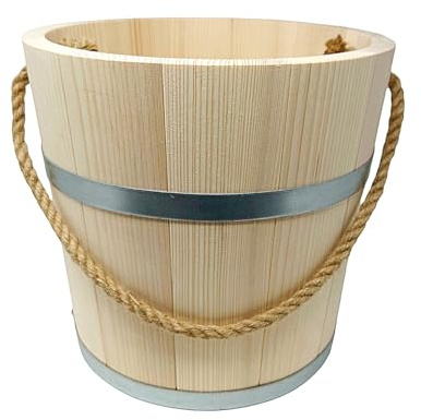 Holz Eimer - mittel 10 Liter Wassereimer | mit Seil Tau, Holzeimer, Sauna Kübel, Gefäß Garten Pflanzgefäß
