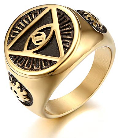 JewelryWe Schmuck Retro Herren-Ring Edelstahl Illuminati Auge der Vorsehung All-Seeing Eye The Eye of Providence Pyramide Ring Siegelring Band Bandring mit Gravur Gold/Silber Größe 54 bis 70