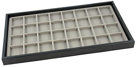 Schmucktablett aus Kunststoff, stapelbar, mit grauer Beflockung, Schwarz Tray with 32 Compartment Insert