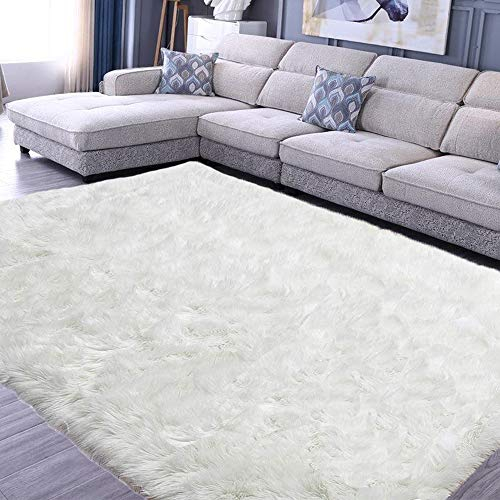 Junyito Teppich Wohnzimmer Hochflor Teppiche Kinderzimmer Flauschig rutschfest Faux Wolle für Schlafzimmer Mädchen Jungen (Weiß, 90 x 120cm)