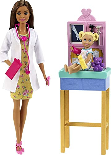 Barbie Métiers Coffret poupée Docteure Brune, Figurine Petite patiente et Son Ours en Peluche, Accessoires Inclus, Jouet pour Enfant, GTN52