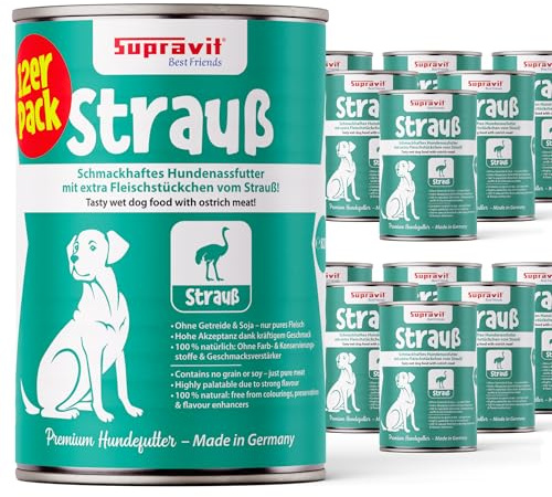 Supravit Nassfutter für Hunde I 12 x 410g Dosenfutter I | Hundefutter mit schmackhaftem Strauß I getreidefreies Hundefutter für ernährungssensible Hunde
