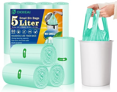OKKEAI 5L Kleine Müllsäcke mit Bindegriffen, auslaufsicher, 60 Stück | Auslaufsichere, geruchlose Tretmüllbeutel, passend für 5-Liter-Mülleimer, ideal für Badezimmer, Büro und Toilette