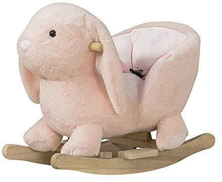 HOMCOM Caballito Balancín Infantil Forma de Conejo de Felpa para Bebés 18-36 Meses con Sonido Cinturón de Seguridad Manillar y Reposapiés 60x33x50cm Rosa