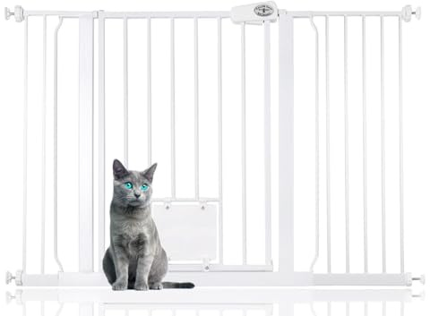 Bettacare Haustiergitter mit Abschließbarer Katzenklappe, 120.3cm - 127.9cm, Weiß, 75cm Höhe, Haustier Sicherheitsbarriere mit Katzenklappe, Einfache Montage