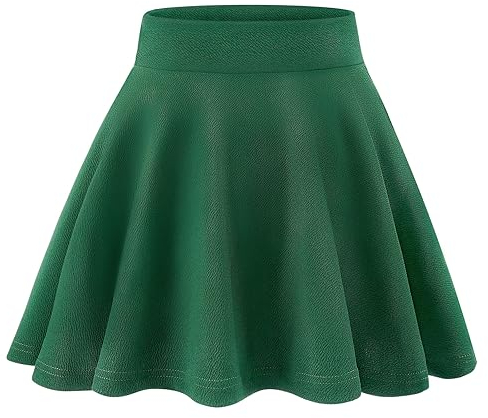 KEREDA Girls Pleated School Skirt Stretch High Waist Kids Skater Plain Flippy Flared Green