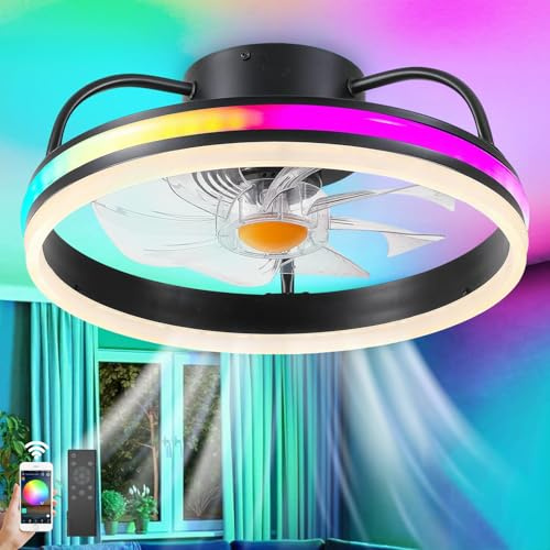 RGB Deckenlampe mit Ventilator Fan, 6 Geschwindigkeiten Leise Deckenventilator mit Beleuchtung, Fernbedienung APP Dimmbare Deckenventilator mit Licht, Reversible Fan Lampe für Schlafzimmer Wohnzimmer