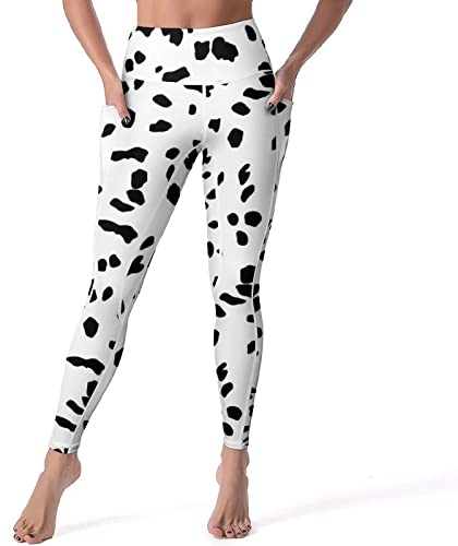 Bagea-Ka Leggings mit Dalmatiner-Hunde-Druck, hohe Taille, Yogahose mit Tasche, Bauchkontrolle, Workout, Sport, Athletic, Weiß, S
