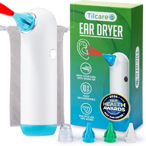 Elektrischer Ohrentrockner Von Tilcare, Wiederaufladbar, 3 Spitzen | Ohrentrockner Zum Schwimmen, Duschen Und Wassersport | Tragbar & Wiederaufladbar | Ohrtrockner Mit Tragetasche