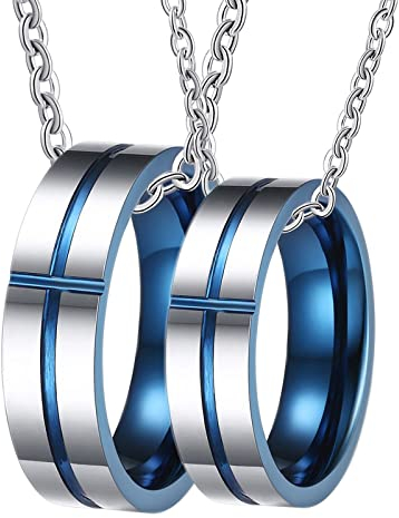 Epinki 2er Ketten Pärchen in Wolfram, Kreuz Gebürstet Ringe Anhänger Partner Ketten, Silber Blau für Damen & Herren, Breite 6mm - Herrenkette 60cm, Damenkette 50cm
