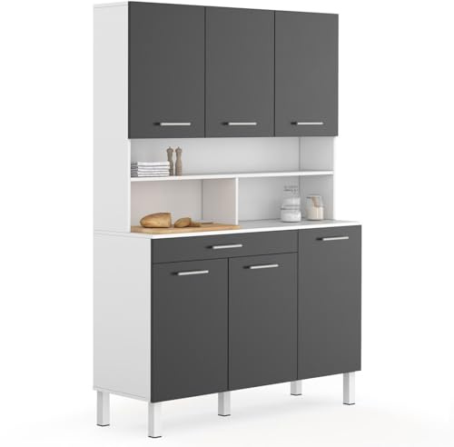 IDMarket - Buffet de Cuisine 120 CM CINA 6 Portes + tiroir Blanc et Gris Brillant
