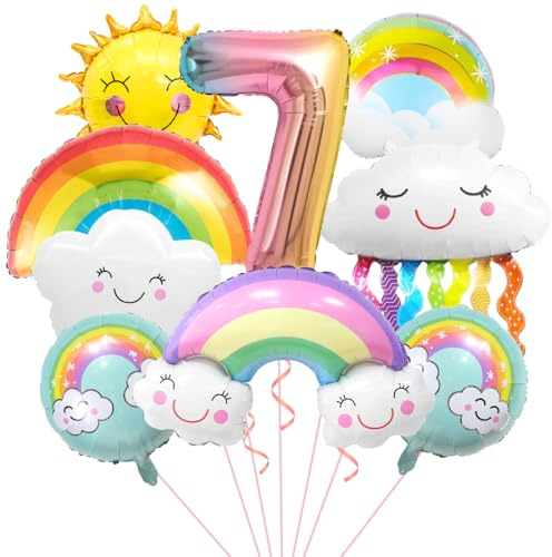 Regenbogen Geburtstagsdeko 7, Folienballon Wolken, Zahl 7 Ballon, Luftballons Wolken Quasten, Helium Ballon Sonne, für Jungen Mädchen Geburtstag Party Dekoration
