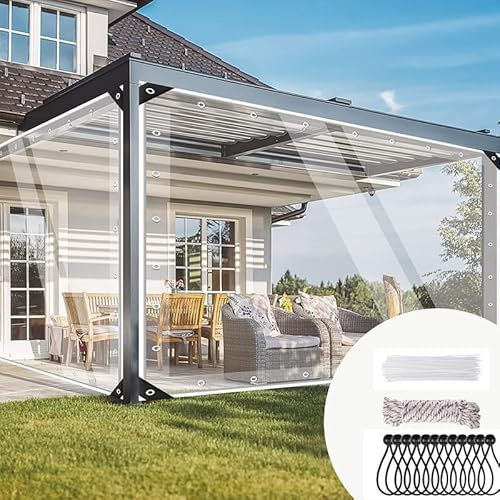 Jianyana Lonas, PVC Lona Impermeable Exterior con Ojales, 3x3 m, 420 g/m² Transparente, Resistente al Desgarro, Toldo Multiusos Usos para Terraza, Balcón Remolque, Piscina 10m Cuerda, Transparente A