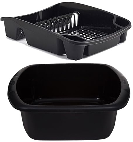 ZARVICZONIA Dish Drainer and Rectangular Washing Up Bowl Set Black Stainless Steel Sink Bowl with Cutlery Holder Kitchen Washing Up Bowls for Sink Square Large Plastic Basin