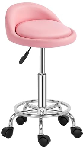 TactFire Tabouret de Bureau,Tabouret Rond avec Dossier,Tabouret à roulettes Rotation à 360°Hauteur Réglable 49-64 cm,Tabouret Coiffeuse,pour Salon de Massage, Bureau,Clinique Rose