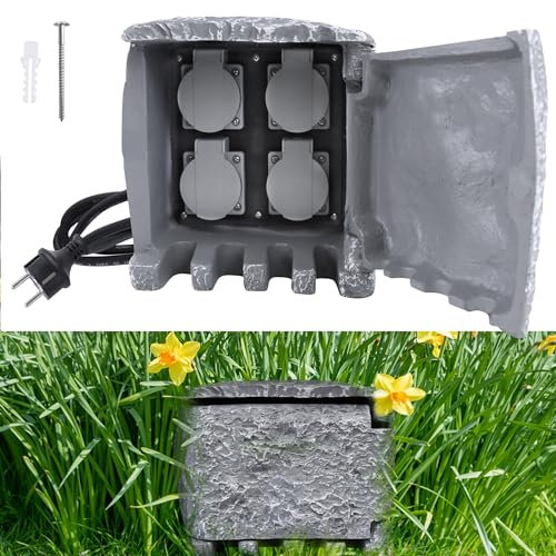 YRHome Presa da giardino effetto pietra, con 4 prese con contatto di protezione, 250 V, presa esterna in pietra, presa multipla esterna con cavo da 1,5 m, presa da giardino
