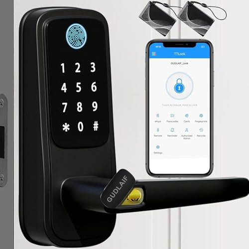 GUDLAIF Smart Door Lock, Biometric Digital Electronic Door Lock with Handle, WiFi & APP Control, 5-in-1 Keyless Entry for Front Door, Home, Hotel, Office, Black