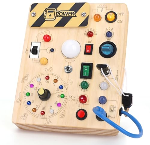 Konijiwa Toddler Toys Montessori Busy Board Toys for 1 2 3 Year old Boys Girls Wooden ToyS with With 10 Switches and 23 LED Lights Switch toy Sensory Learning Toys 1 2 Year old Baby Girls Boys Gifts