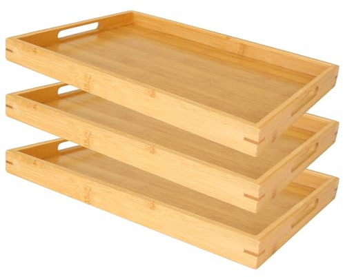 WOPPLXY Lot de 3 Plateau de Service Rectangulaire, 35 x 25 x 3 cm Plateau Bois Rectangulaire avec Poignées, Plateaux de Service Bois Naturel en Bambou pour Cuisine et Salon