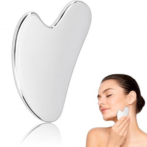 DERJDISF Gua Sha Gesichtsmassage Weiß,Edelstahl Gesichtsschaber Facial Gua Sha Kratzmassagegerät Edelstahl Gua Sha Metall Schaber Multifunktion Massage Tool für Gesicht Jawline Neck Eye Der Rücken