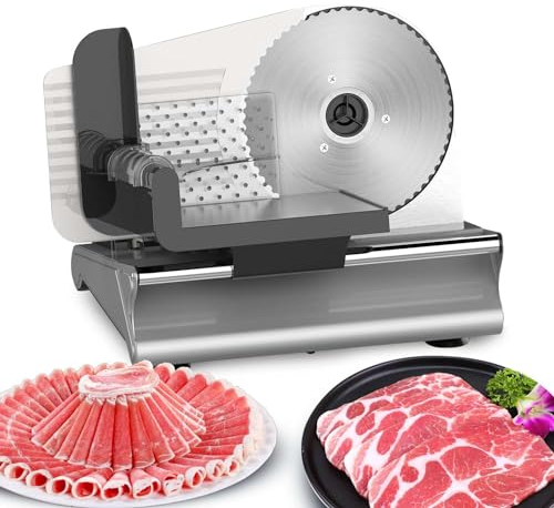Meat Slicer,Meat Deli Slicer Electric Cutter for Bread Meat Cheese & Other Food,Plastic Pusher Blade Guard,Non-Slip Feet,0-15mm Adjustable Thickness for Cheese,for Mutton Roll Ham Cheese Bread (Gray)